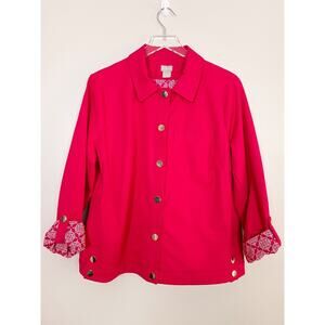 Chico's Pink Fushia Jean Style Jacket Gold Button Printed Lining Cuff Size 2